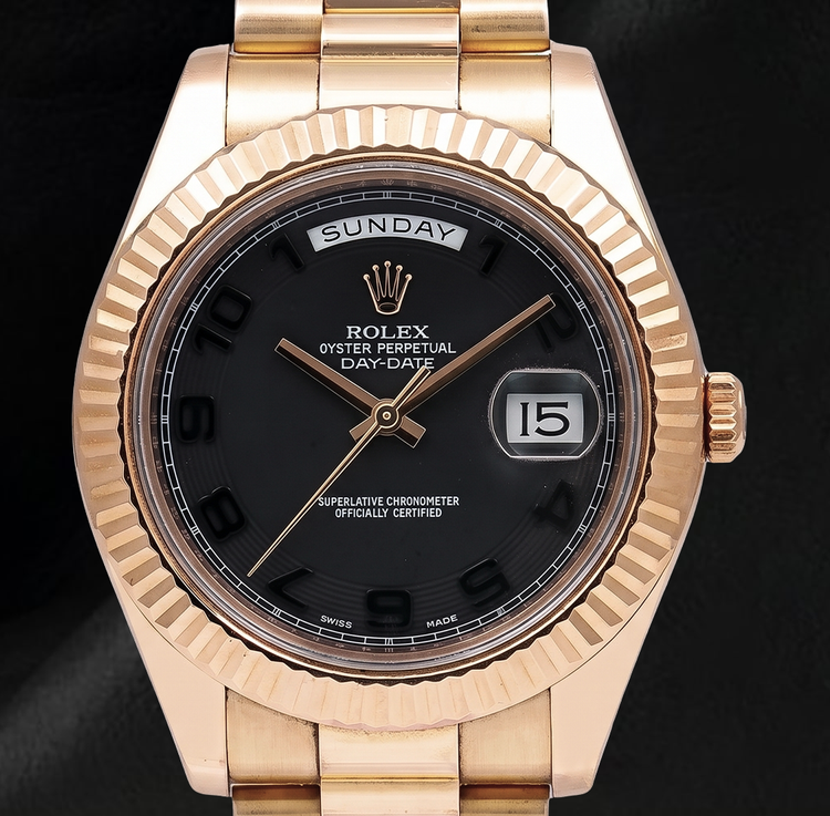 Montre Rolex Day-Date II 41 mm 218235 en Or Rose Cadran Noir Chiffres Arabes Bracelet President