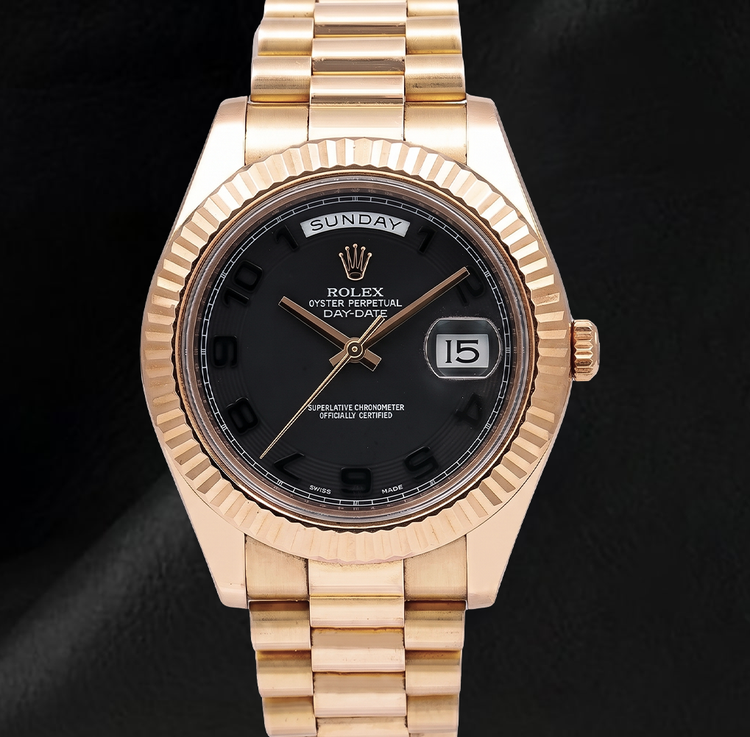 Montre Rolex Day-Date II 41 mm 218235 en Or Rose Cadran Noir Chiffres Arabes Bracelet President