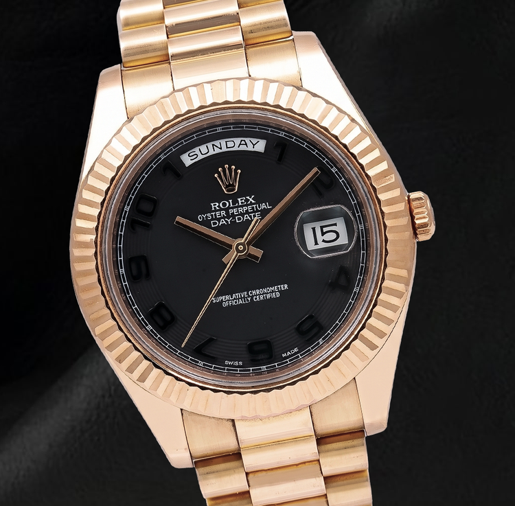 Montre Rolex Day-Date II 41 mm 218235 en Or Rose Cadran Noir Chiffres Arabes Bracelet President