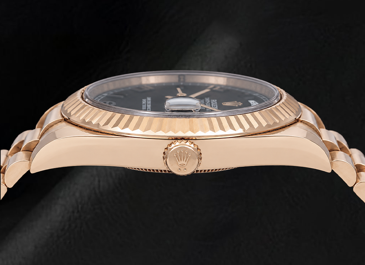 Montre Rolex Day-Date II 41 mm 218235 en Or Rose Cadran Noir Chiffres Arabes Bracelet President