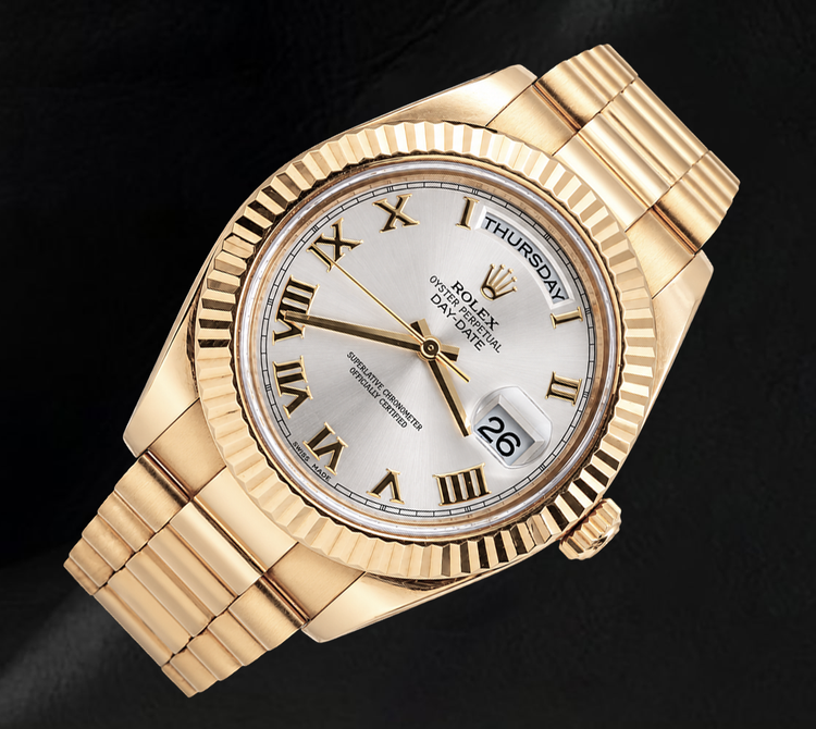 Montre Rolex Day-Date II 41 mm 218238 Cadran argenté chiffres romains Bracelet President en Or Jaune