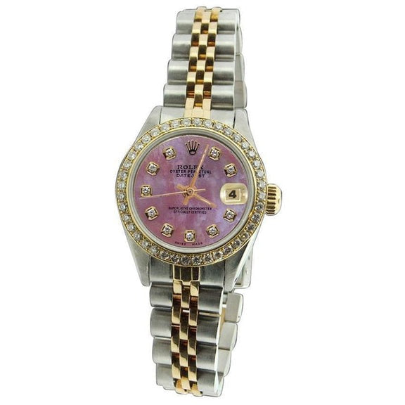 Rolex Femme Cadran Diamant Bordeaux Lunette Acier Inoxydable et Bracelet Jubilee Or