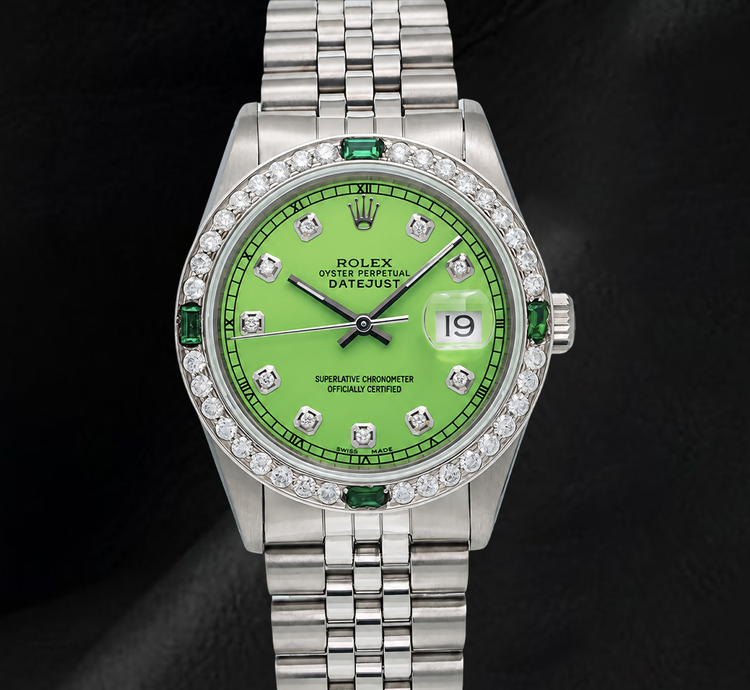 Montre Rolex Datejust 16014 36 mm en Acier Inoxydable Cadran Diamants Vert