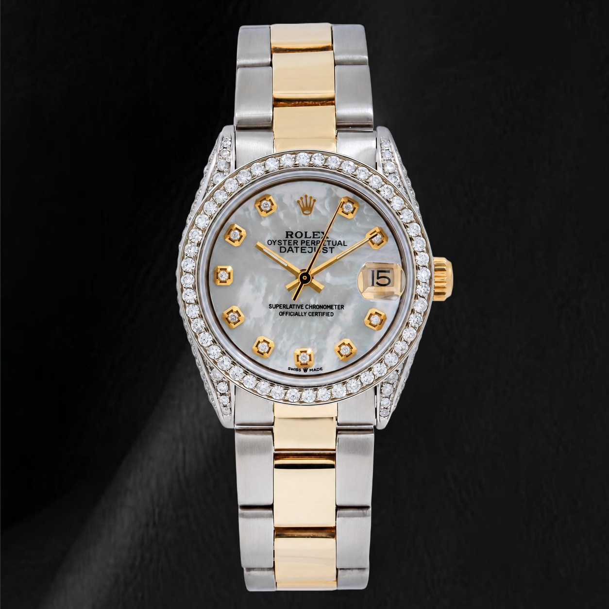 Montre Rolex Lady Datejust 6824 31 mm Cadran Diamants en Nacre Blanche Bracelet Oyster Bicolore