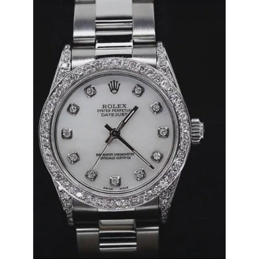 Rolex Montre de taille moyenne avec lunette en diamant personnalisée et bracelet huître acier inoxydable2