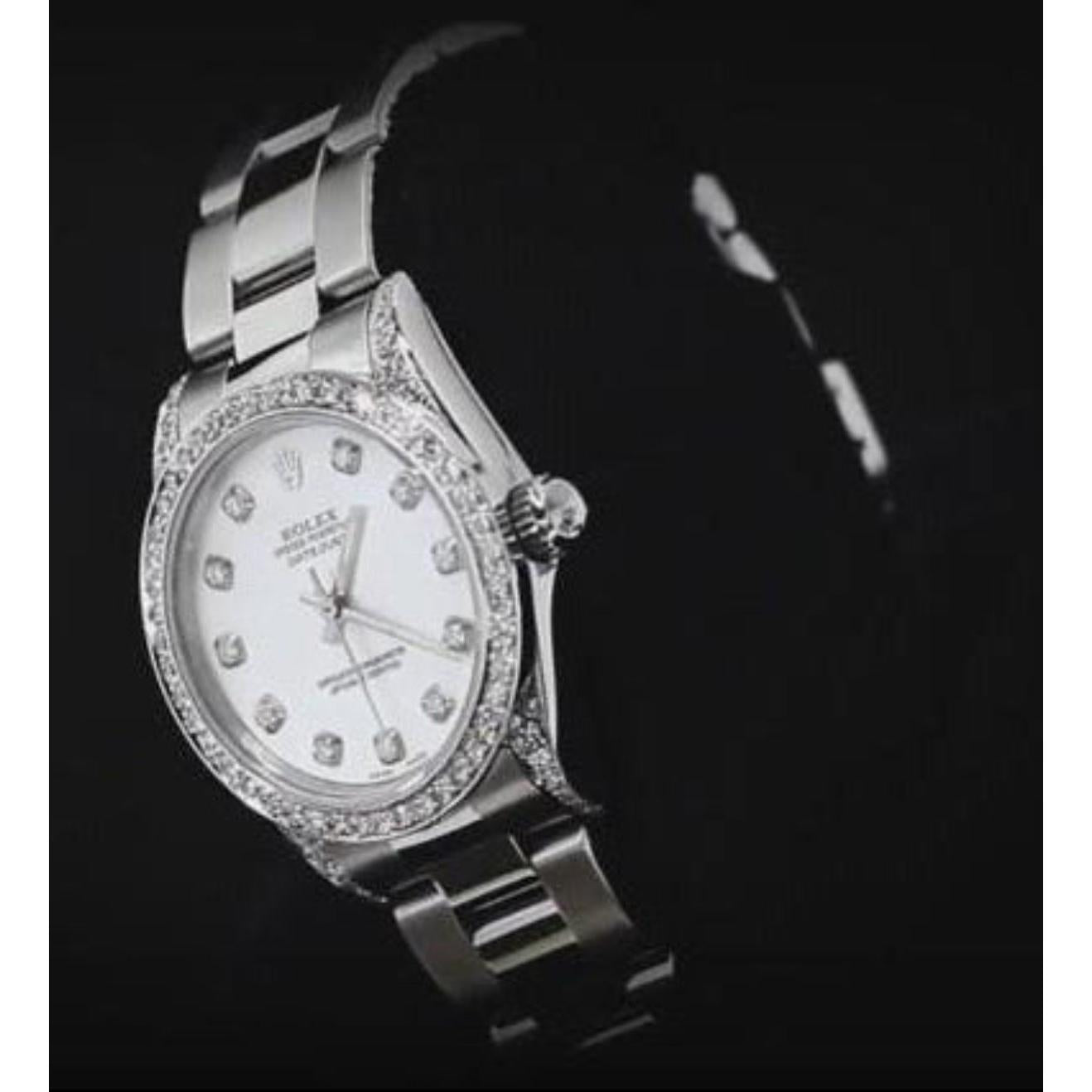 Rolex Montre de taille moyenne avec lunette en diamant personnalisée et bracelet huître acier inoxydable3