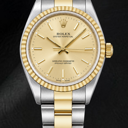 Montre Rolex Oyster Perpetual 14233 34 mm Bicolore Cadran à Index Bâtons Champagne