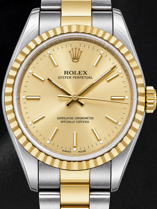 Montre Rolex Oyster Perpetual 14233 34 mm Bicolore Cadran à Index Bâtons Champagne