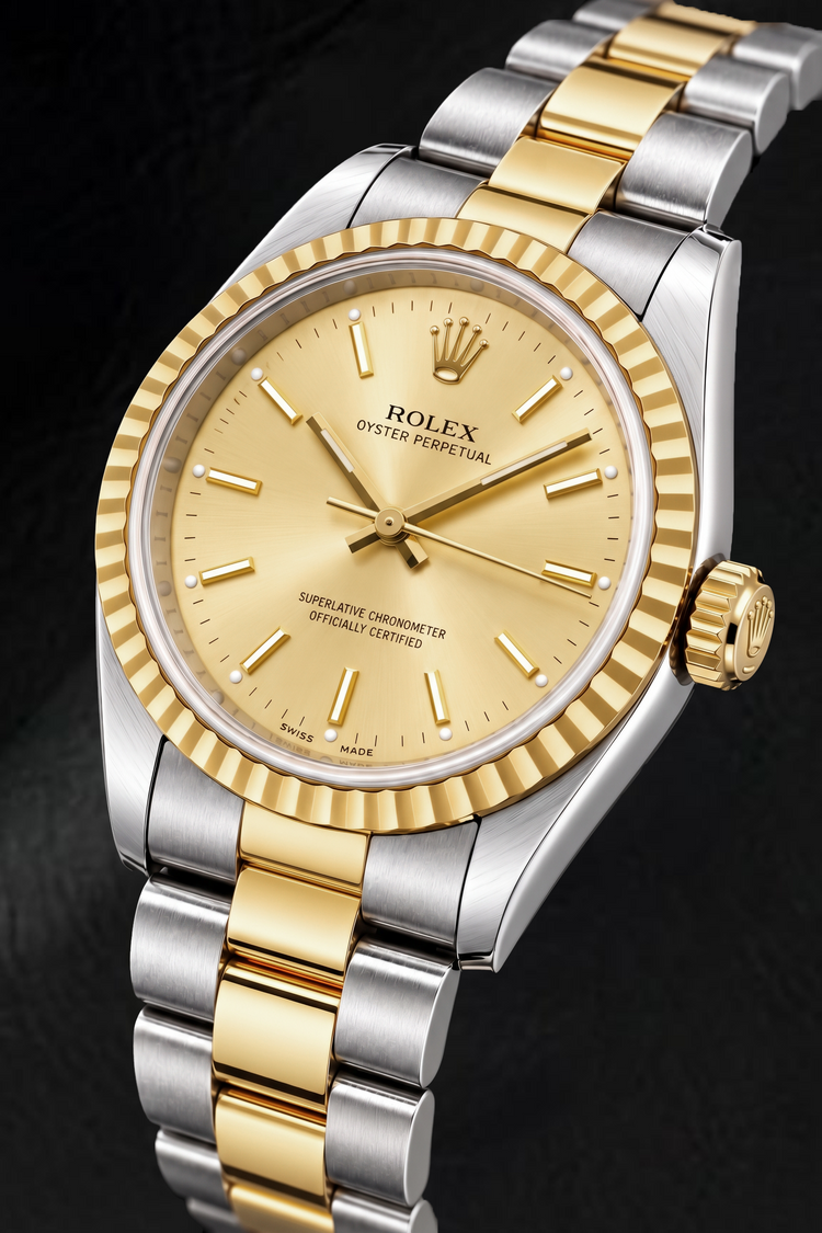 Montre Rolex Oyster Perpetual 14233 34 mm Bicolore Cadran à Index Bâtons Champagne