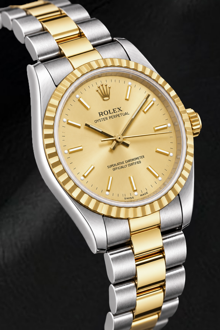 Montre Rolex Oyster Perpetual 14233 34 mm Bicolore Cadran à Index Bâtons Champagne