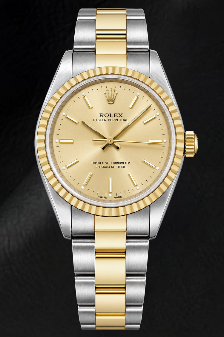 Montre Rolex Oyster Perpetual 14233 34 mm Bicolore Cadran à Index Bâtons Champagne