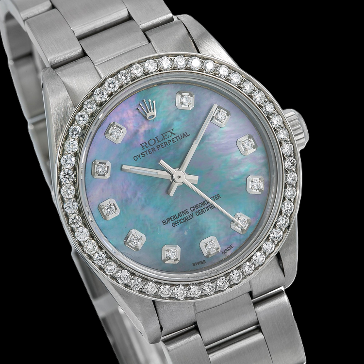 Rolex Oyster Perpetual 67480 31 mm Cadran Diamants Nacre Bleue Acier Inoxydable