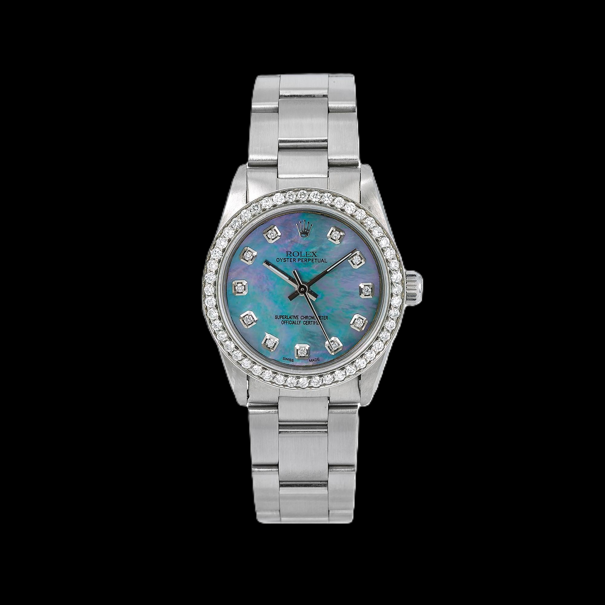 Rolex Oyster Perpetual 67480 31 mm Cadran Diamants Nacre Bleue Acier Inoxydable