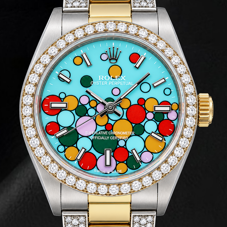 Montre Rolex Oyster Perpetual 6748 31 mm Bicolore Cadran Célébration Turquoise à Index Bâtons Luminescents