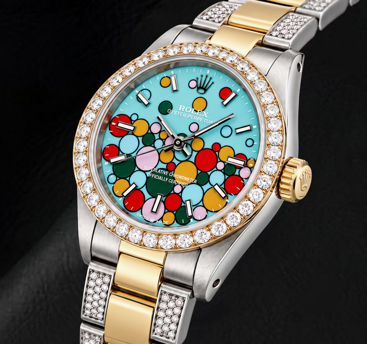 Montre Rolex Oyster Perpetual 6748 31 mm Bicolore Cadran Célébration Turquoise à Index Bâtons Luminescents