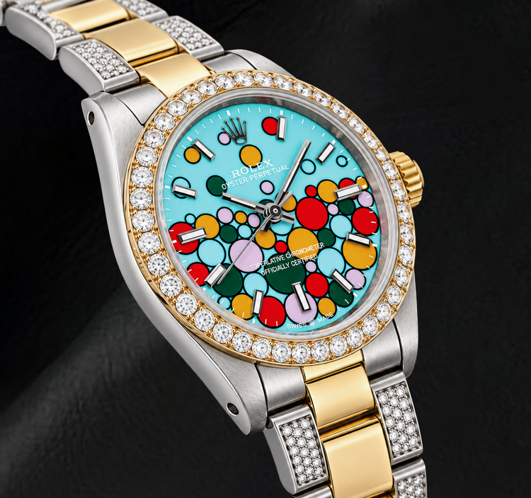 Montre Rolex Oyster Perpetual 6748 31 mm Bicolore Cadran Célébration Turquoise à Index Bâtons Luminescents