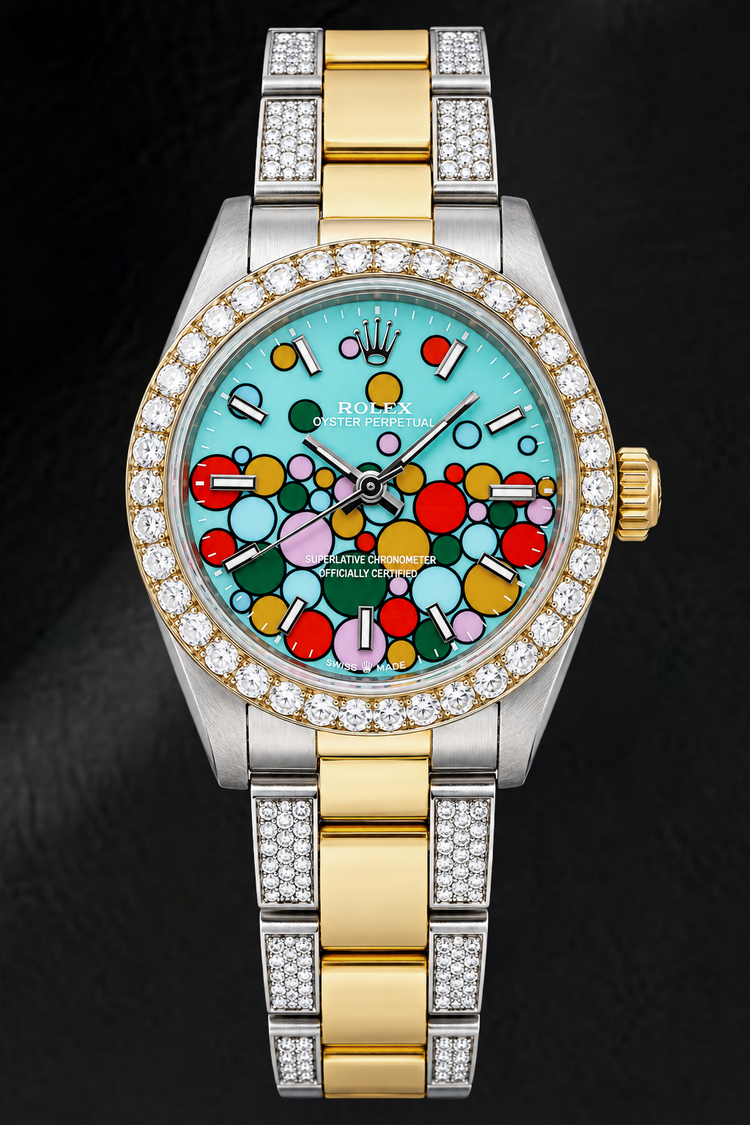 Montre Rolex Oyster Perpetual 6748 31 mm Bicolore Cadran Célébration Turquoise à Index Bâtons Luminescents