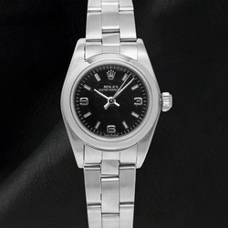 Montre Rolex Oyster Perpetual 76094 26 mm Cadran Noir à Chiffres Arabes Acier Inoxydable Bracelet Oyster