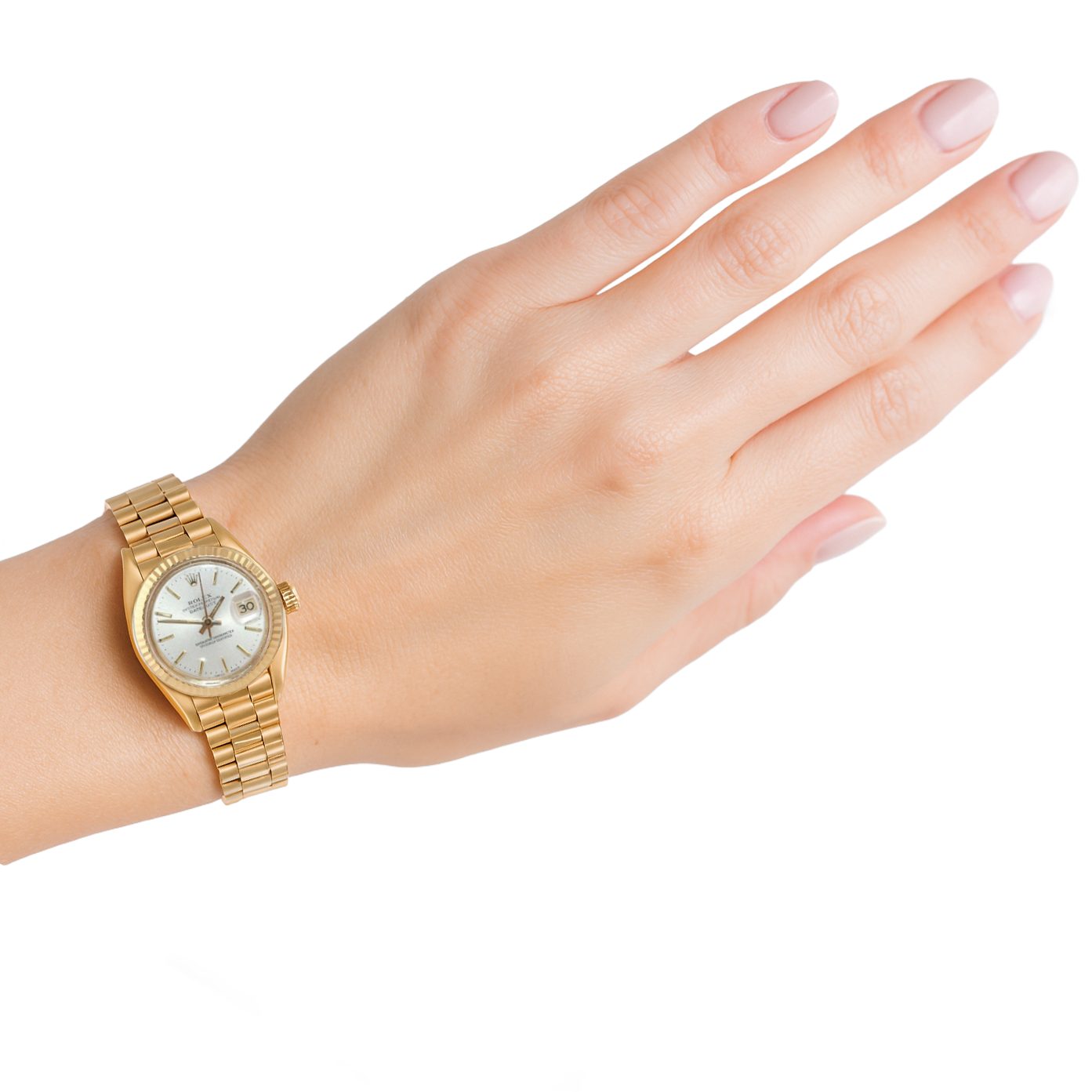 Rolex Présidente Bâton Cadran Lunette cannelée Montre dame en or jaune