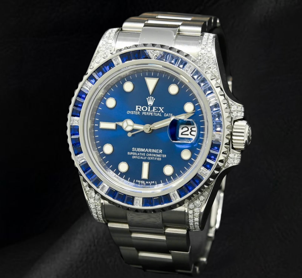 Montre Rolex Submariner 116610LN Date 40 mm en Acier Inoxydable avec Diamants et Lunette en Saphir Bleu