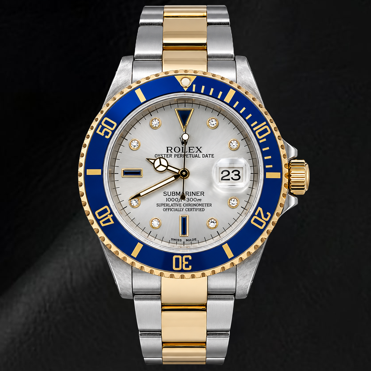 Montre Rolex Submariner Date 16613 40 mm Bicolore Cadran Diamants Argenté
