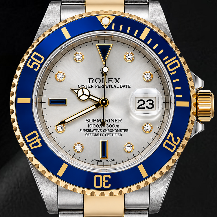 Montre Rolex Submariner Date 16613 40 mm Bicolore Cadran Diamants Argenté