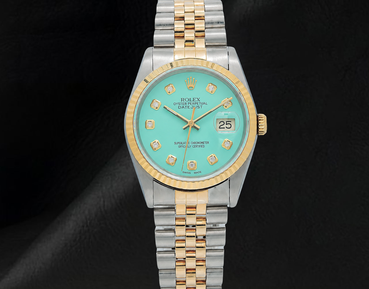 Montre Rolex Datejust 16013 36 mm Bicolore Lunette Cannelée Cadran Diamants Turquoise