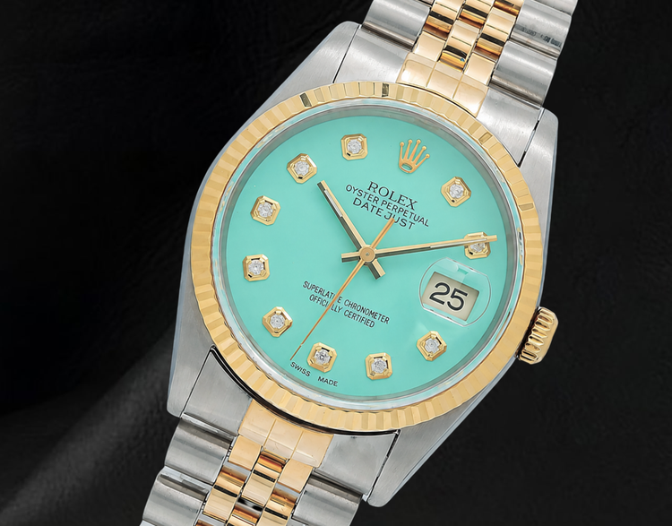 Montre Rolex Datejust 16013 36 mm Bicolore Lunette Cannelée Cadran Diamants Turquoise