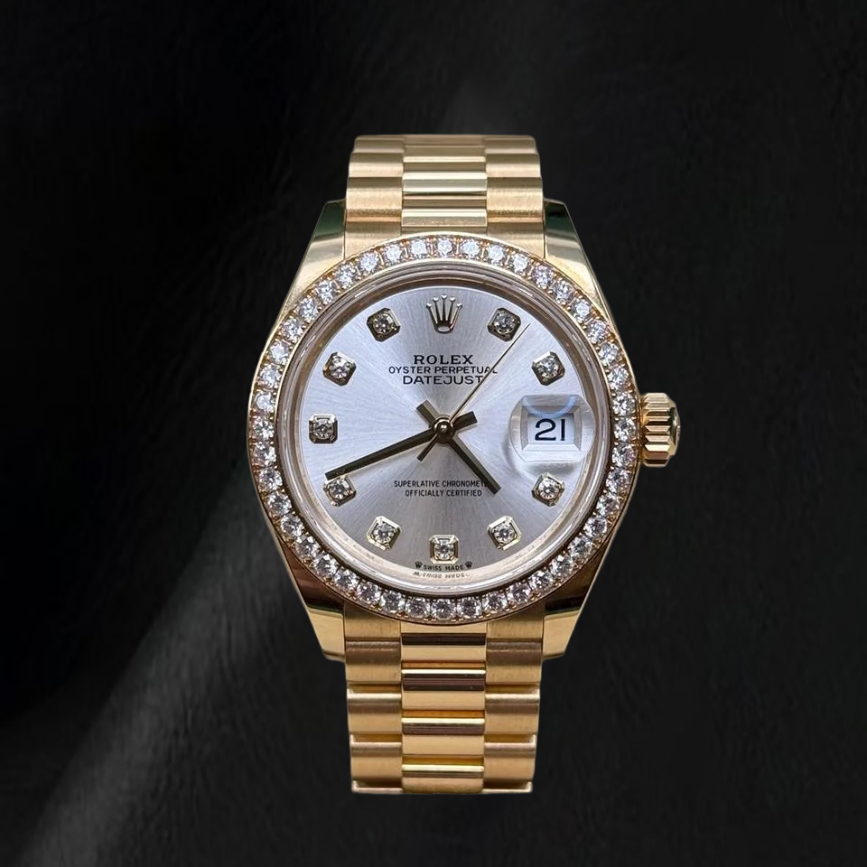 Montre Rolex President en Or Jaune 28 mm Cadran Diamants Argenté