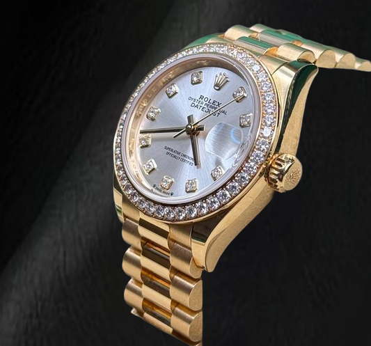 Montre Rolex President en Or Jaune 28 mm Cadran Diamants Argenté