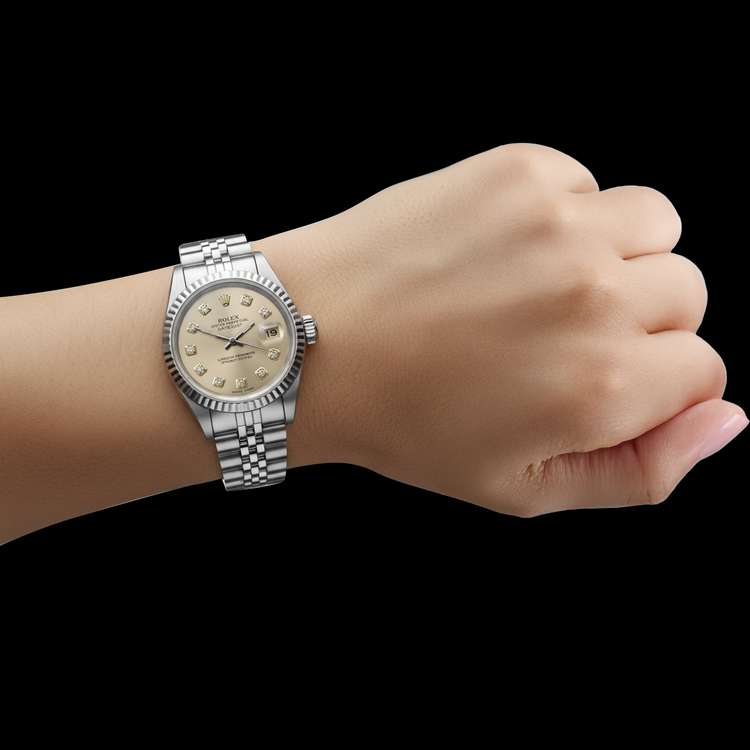 Rolex dame Datejust montre argent acier inoxydable jubilé bracelet lunette cannelée P5