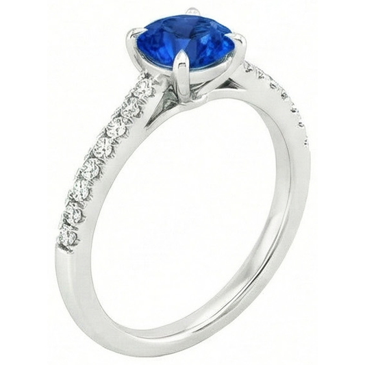 Rond Sri Lanka saphir Bague Diamant Naturels Extraits des Mines ( et non cultivés en laboratoire ) Bijoux Or Blanc 14K