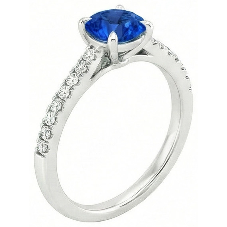 Rond Sri Lanka saphir Bague Diamant Naturels Extraits des Mines ( et non cultivés en laboratoire ) Bijoux Or Blanc 14K