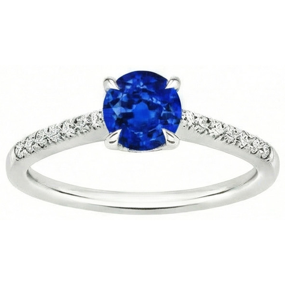 Rond Sri Lanka saphir Bague Diamant Naturels Extraits des Mines ( et non cultivés en laboratoire ) Bijoux Or Blanc 14K