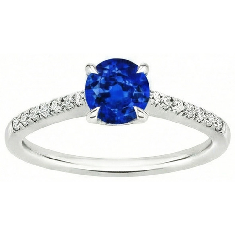 Rond Sri Lanka saphir Bague Diamant Naturels Extraits des Mines ( et non cultivés en laboratoire ) Bijoux Or Blanc 14K
