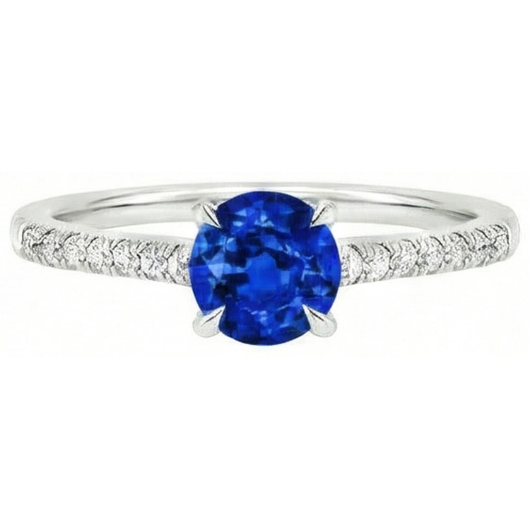 Rond Sri Lanka saphir Bague Diamant Naturels Extraits des Mines ( et non cultivés en laboratoire ) Bijoux Or Blanc 14K