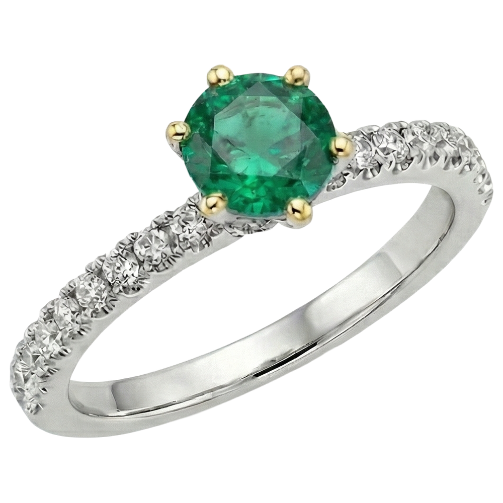 Émeraude Colombienne Taille Ronde Bague Pierre de Couleur en Or 14K Bicolore – vue de face