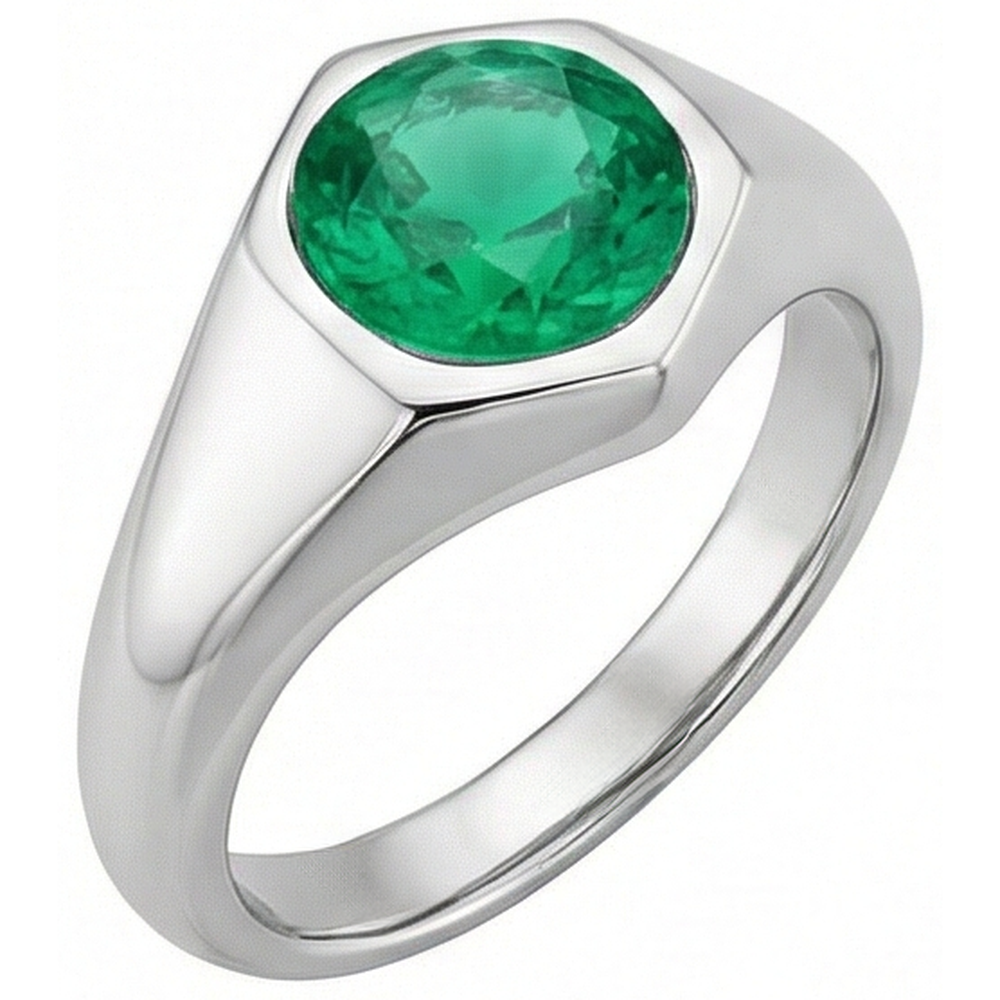 Émeraude Taille Ronde Bague avec Gemme en Or 14K Blanc – vue de côté