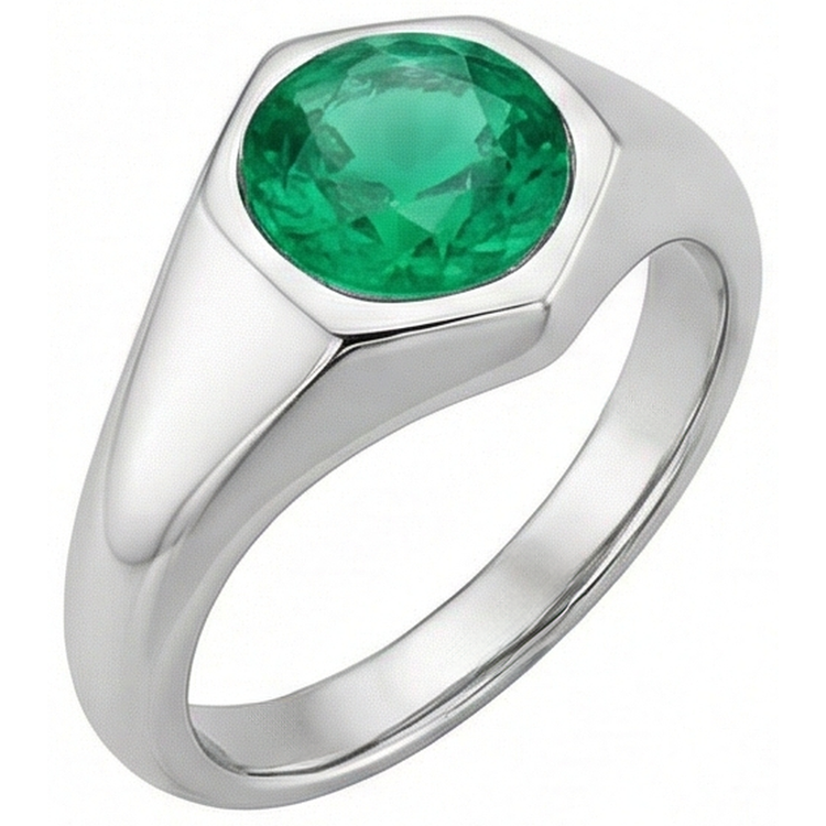 Émeraude Taille Ronde Bague avec Gemme en Or 14K Blanc – vue de côté