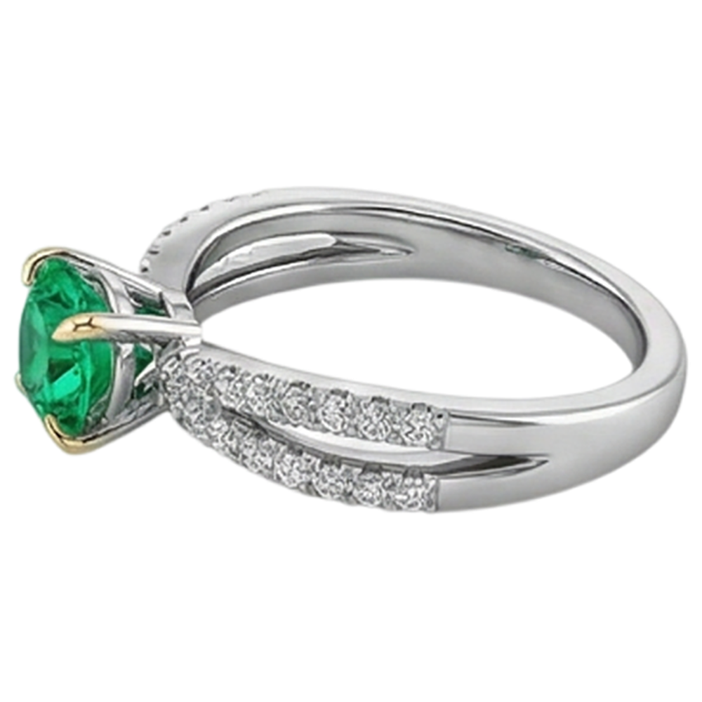 Taille Ronde Émeraude Colombienne bague en Or 14K Bicolore – vue d'angle