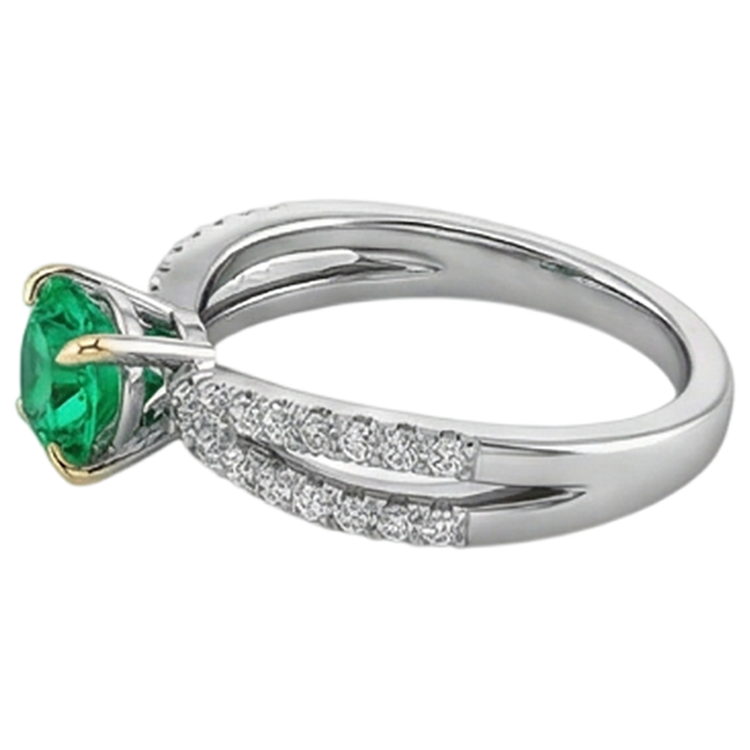 Taille Ronde Émeraude Colombienne bague en Or 14K Bicolore – vue d'angle