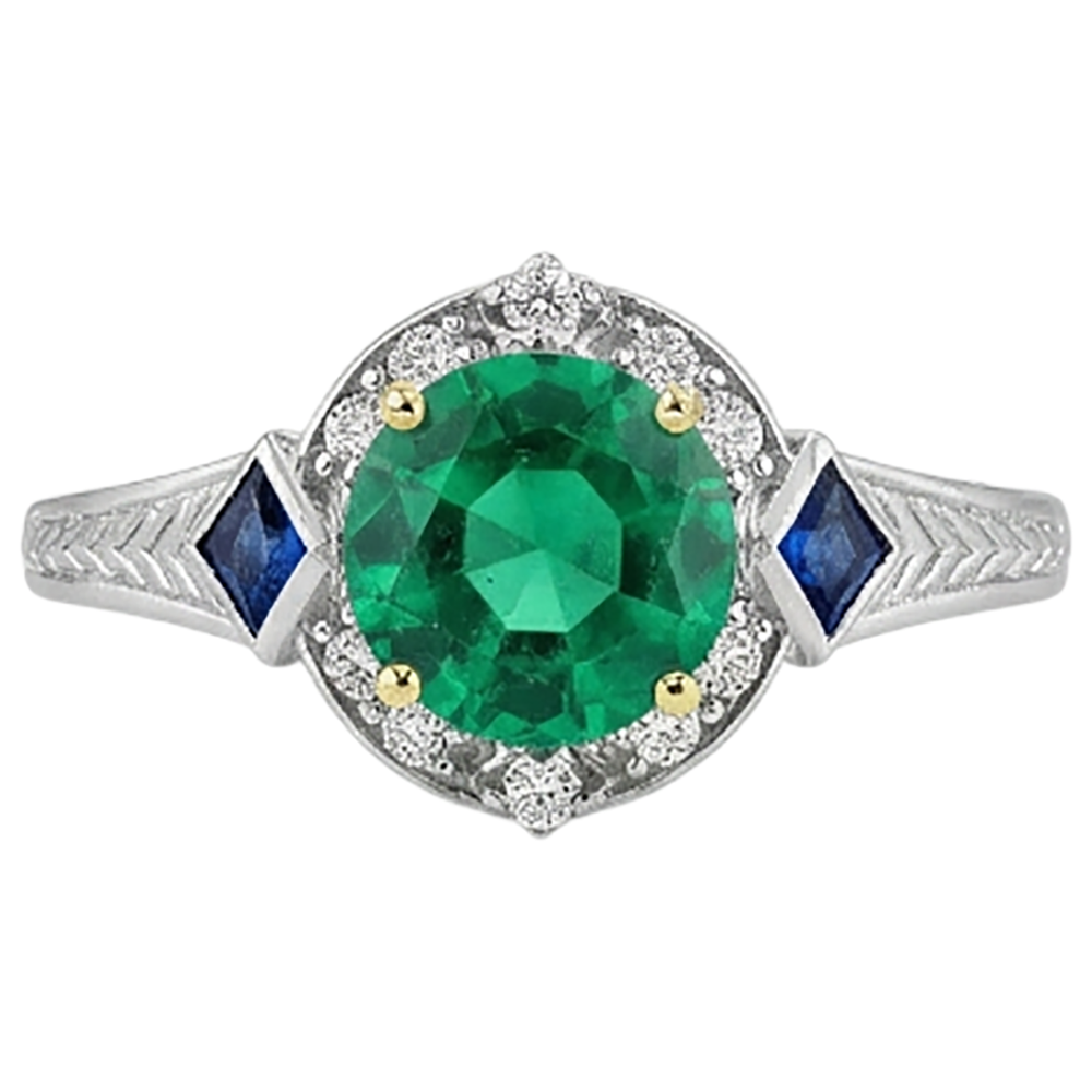 Taille Ronde Émeraude Fine bague en Or Bicolore 14 Carats – vue de face