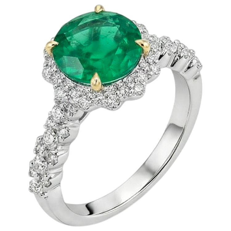 Émeraude Fine Taille Brillant Bague Pierre de Couleur en Or Deux Tons 14 Carats – vue de côté