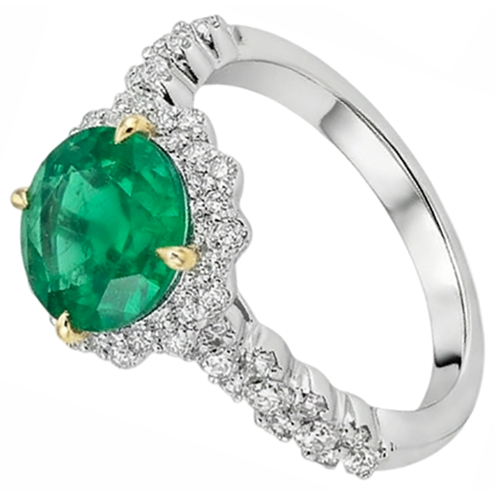 Émeraude Fine Taille Brillant Bague Pierre de Couleur en Or Deux Tons 14 Carats – vue d'angle