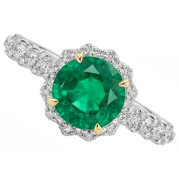Émeraude Fine Taille Brillant Bague Pierre de Couleur en Or Deux Tons 14 Carats – vue de dessus
