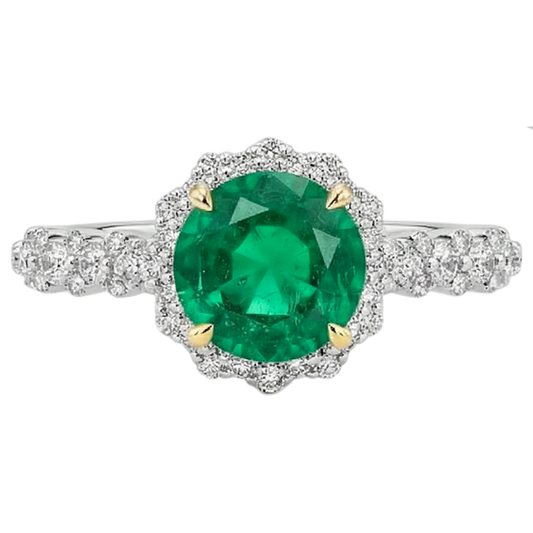 Émeraude Fine Taille Brillant Bague Pierre de Couleur en Or Deux Tons 14 Carats – vue de face