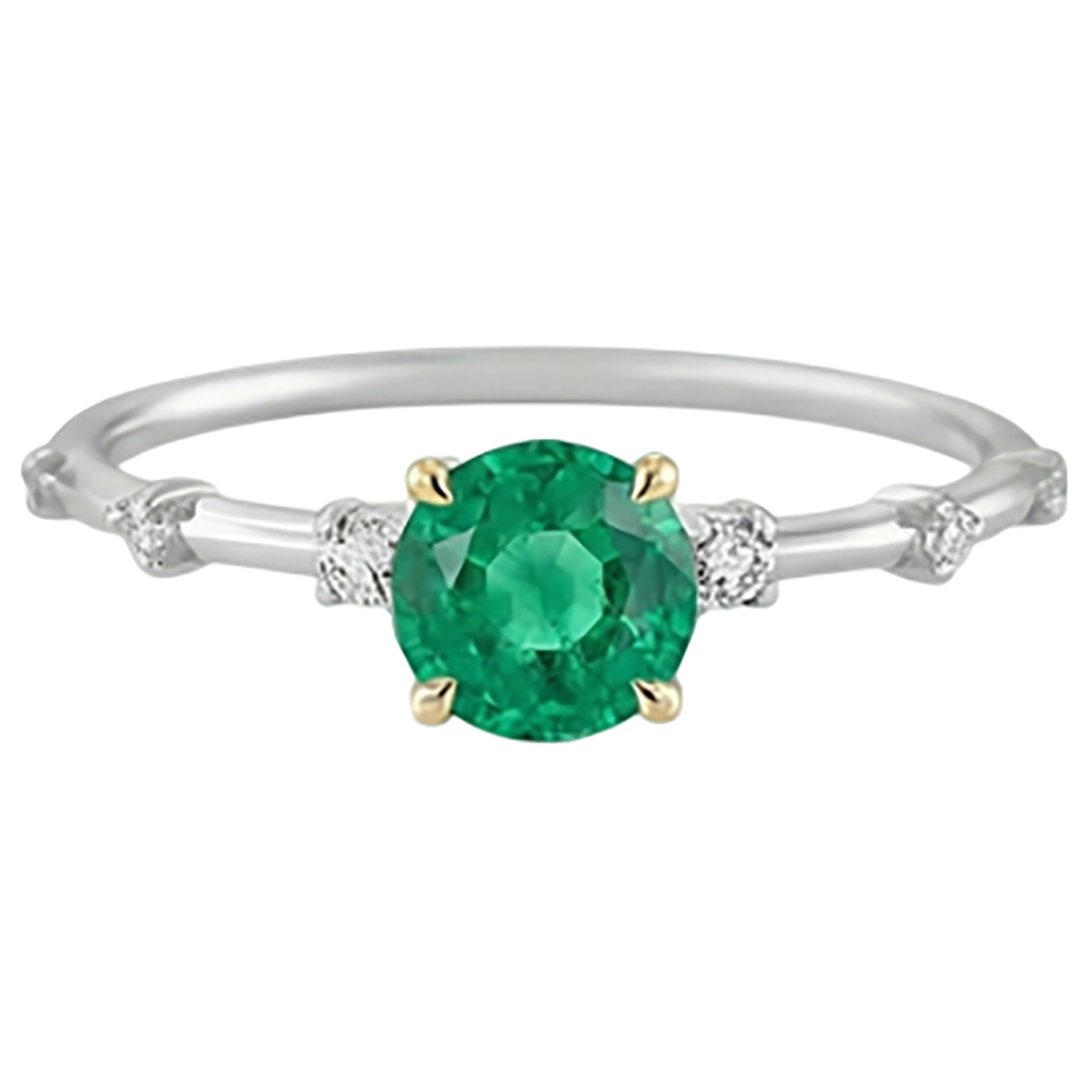 Émeraude Colombienne Taille Brillant Bague Pierre Précieuse en Or Bicolore 14 Carats – vue de face