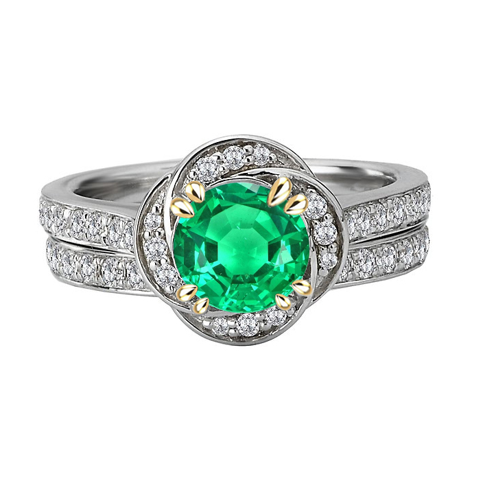 Émeraude Fine Taille Brillant Bague Pierre Précieuse en Or 14K Bicolore – vue principale