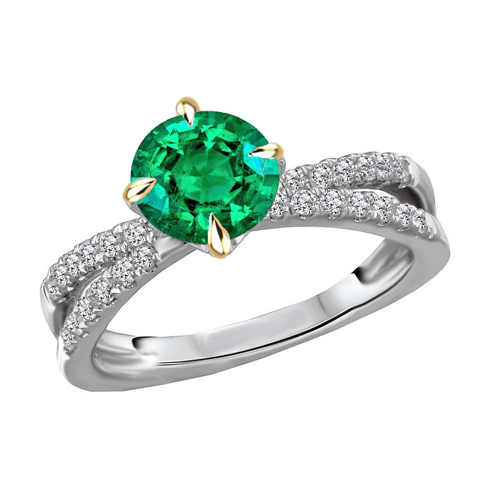 Taille Ronde Émeraude Colombienne bague en Or 14K Bicolore – vue principale