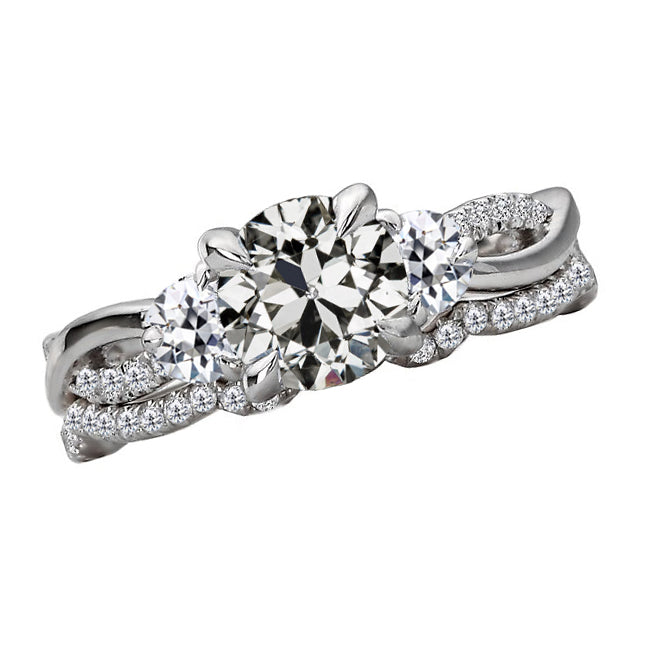 Diamant Taille Old Mine Bague Solitaire avec Accents en Or 14K Blanc – vue principale